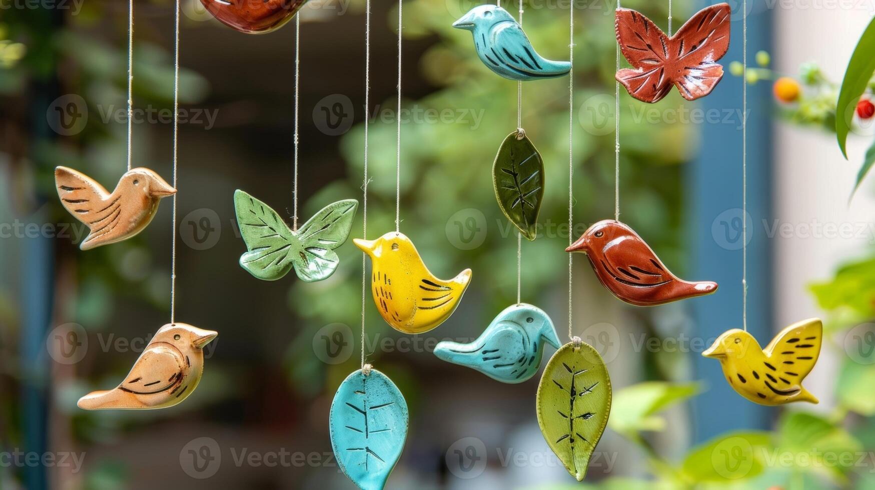 A set of clay wind chimes featuring various animal shapes like birds and butterflies each one dangling from a different leaf or flower. photo