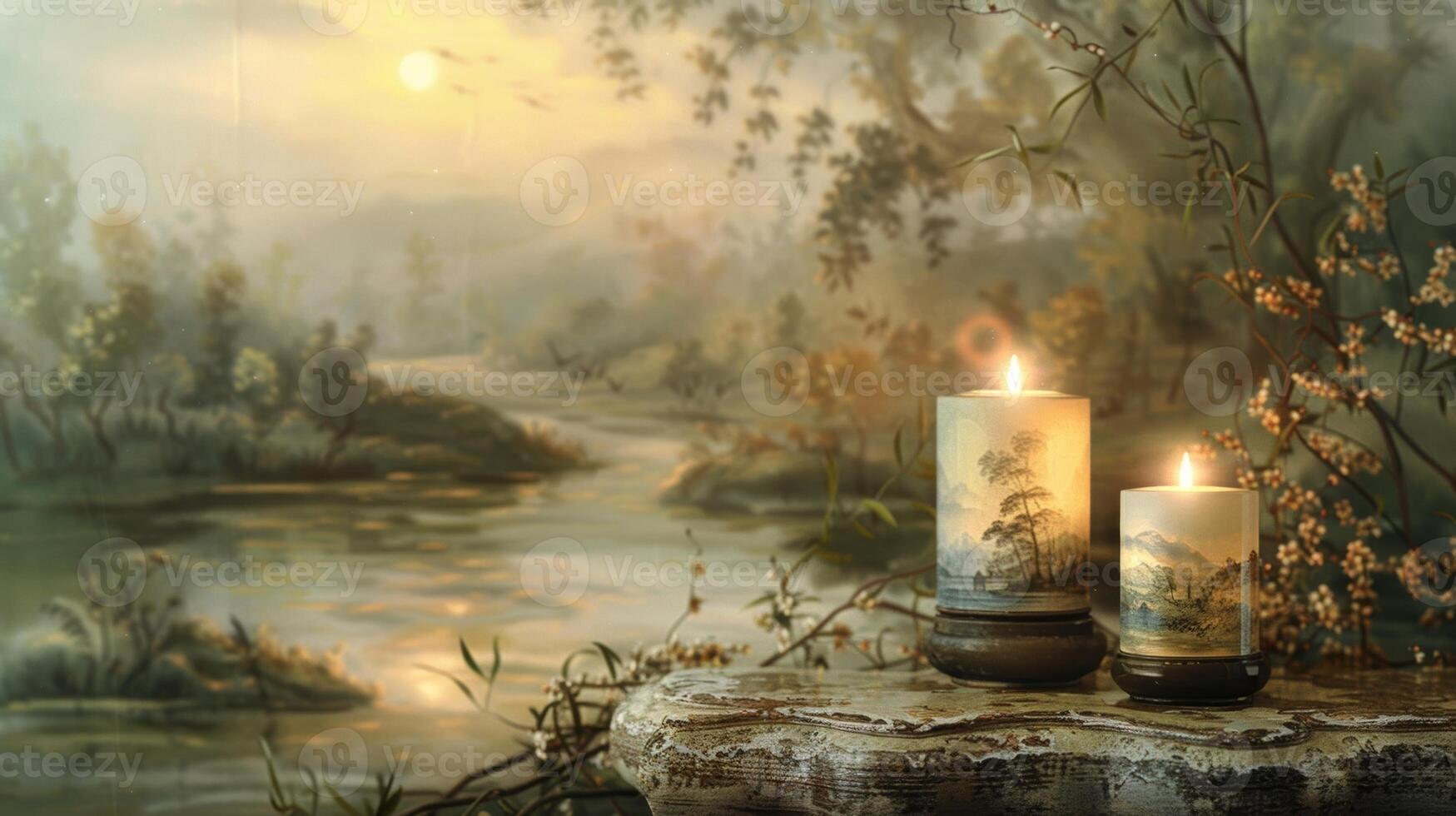 A beautiful handpainted landscape p strategically to catch the soft glow of the candles. 2d flat cartoon photo