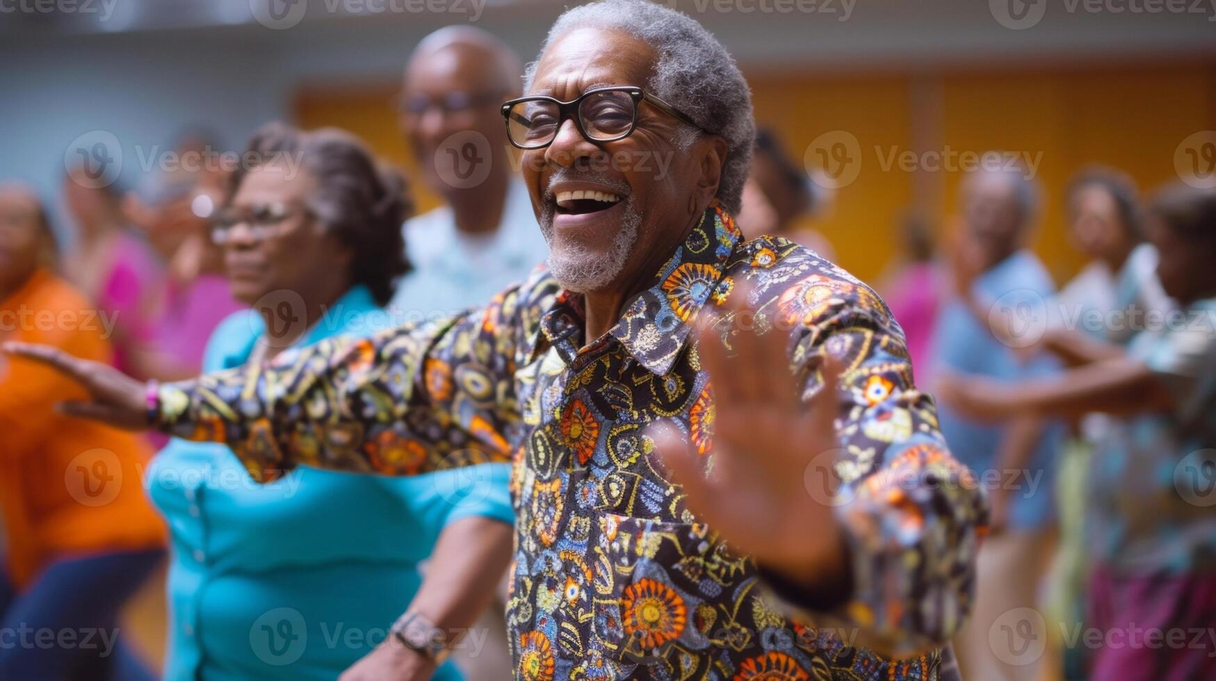 A scene of carefree joy in a dance class for seniors as participants let loose and move to the music forgetting all about their worries and stress photo