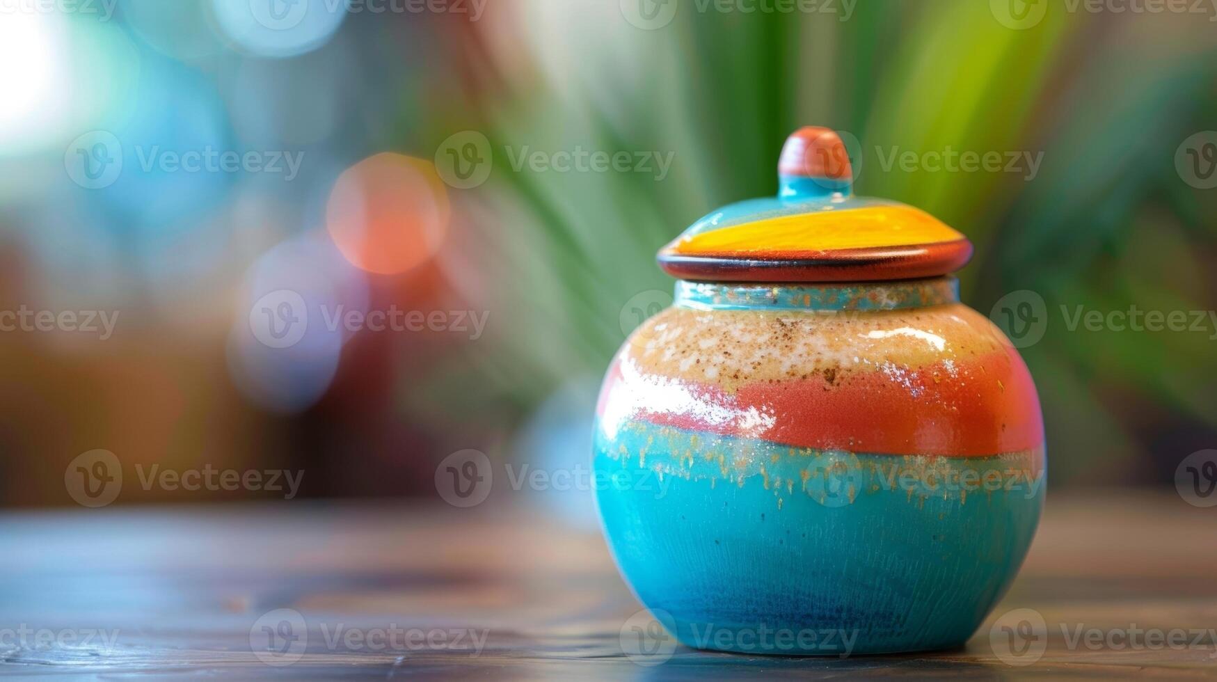 A small brightly colored ceramic container with a fitted lid perfect for storing loose change or small items on a desk or dresser. photo