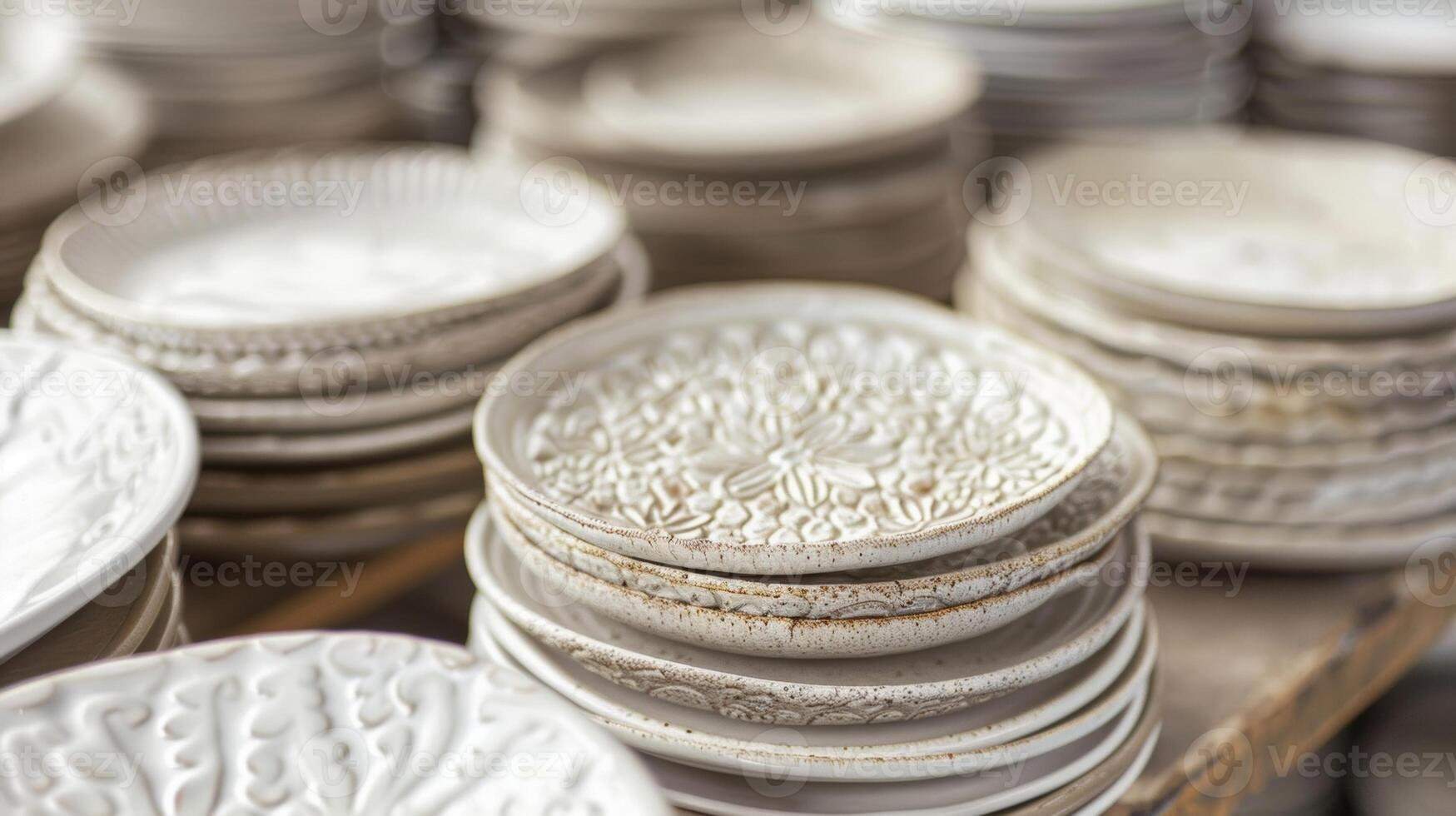 A set of ceramic plates with raised designs created through the use of slip trailing. photo