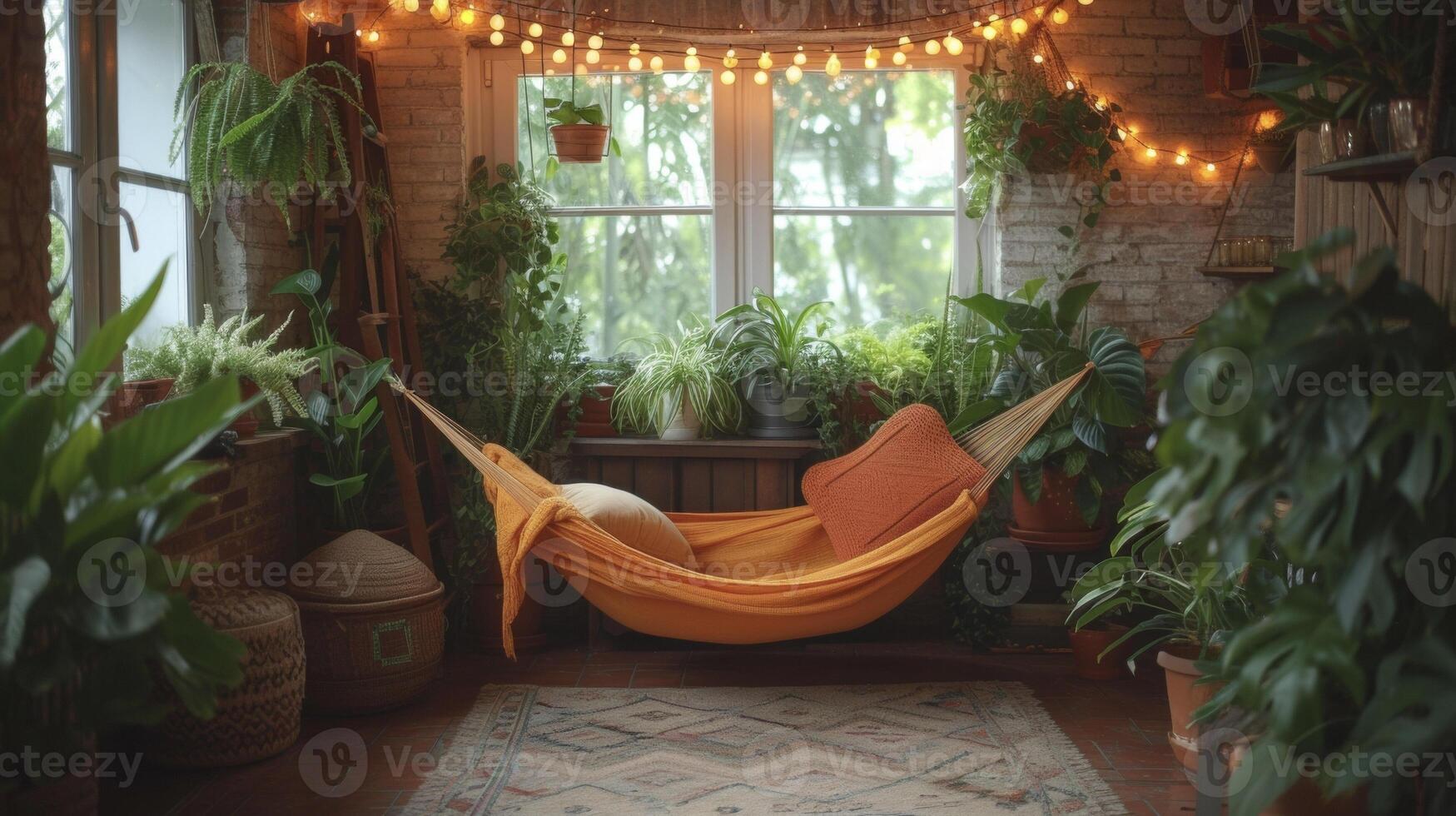 A small balcony transformed into an oasis with a hammock chair surrounded by lush green plants and string lights for a relaxing retreat right at home photo