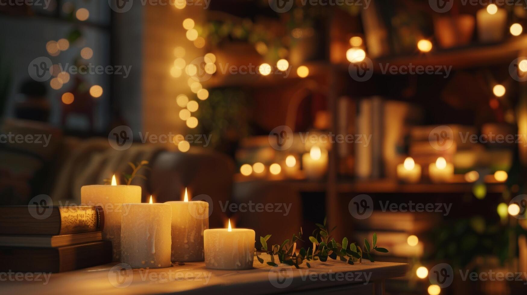 In a cozy reading nook the flickering candlelight from a wall of candles creates a serene and calming ambiance. 2d flat cartoon photo
