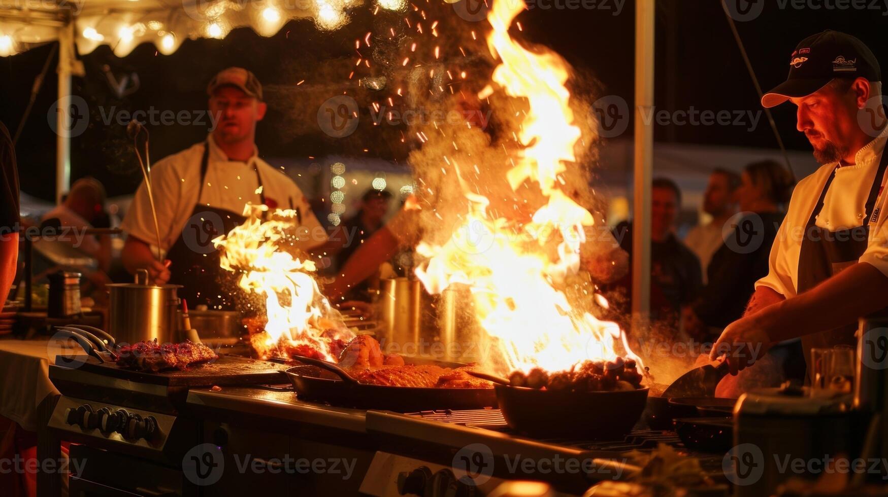 The fire from the grills gave a fiery glow to the judges table where they eagerly anticipated tasting the dishes. 2d flat cartoon photo