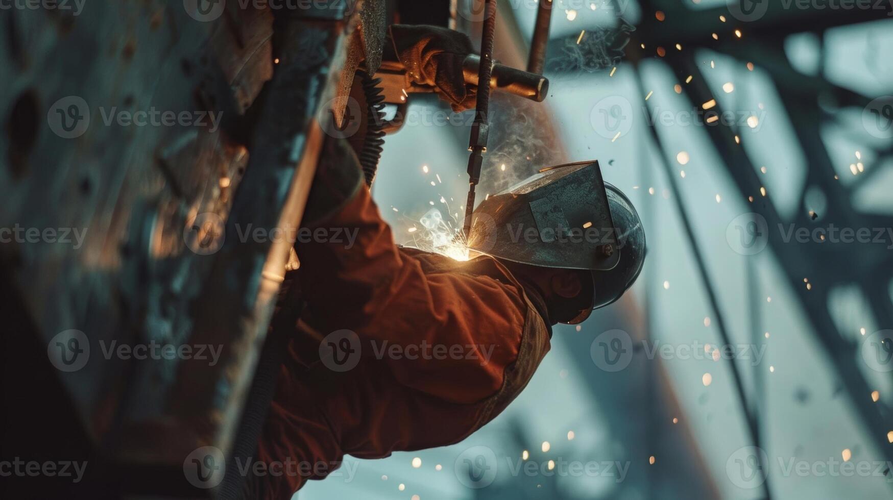 A brave worker hangs from the side of the core carefully welding together two metal pieces photo