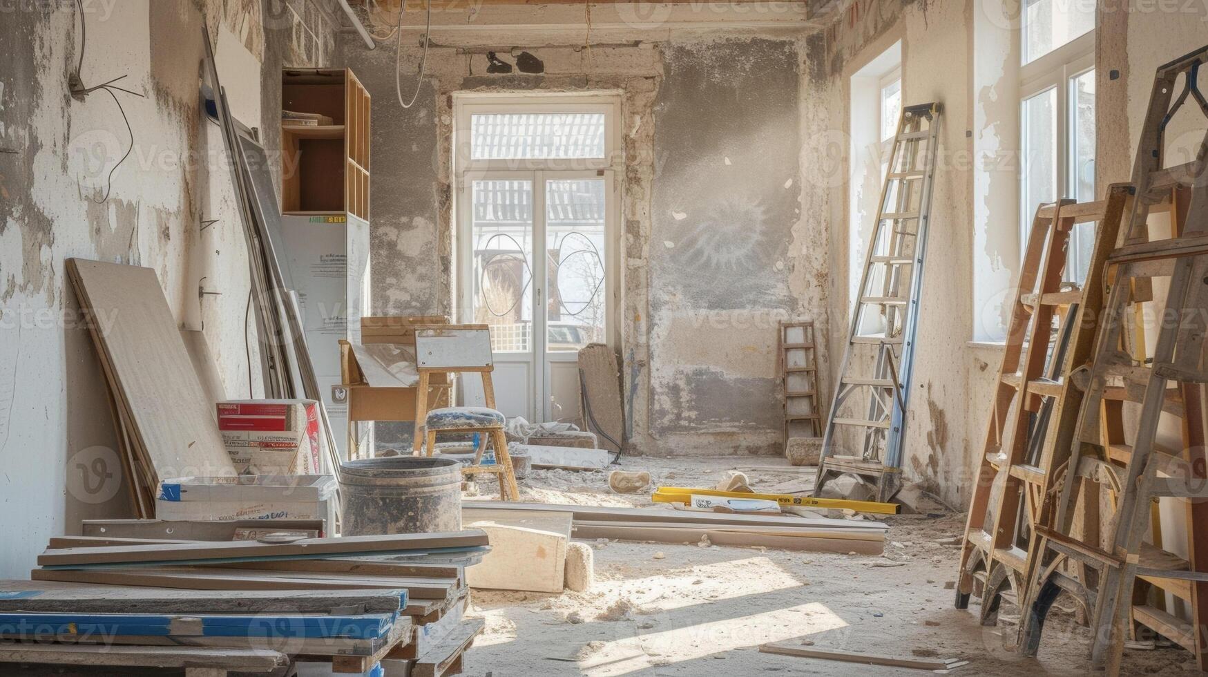 An image of a dusty and cluttered room with a ladder and various unfinished renovation projects in the background photo