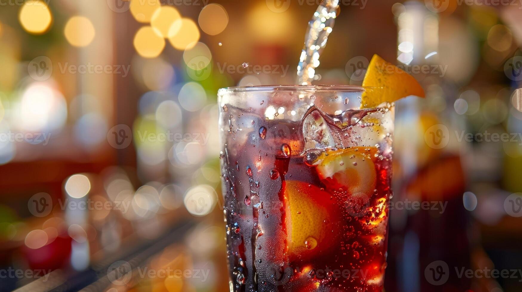 A closeup of a glass being filled with ice and a splash of sparkling water creating a fizzy and refreshing virgin sangria photo