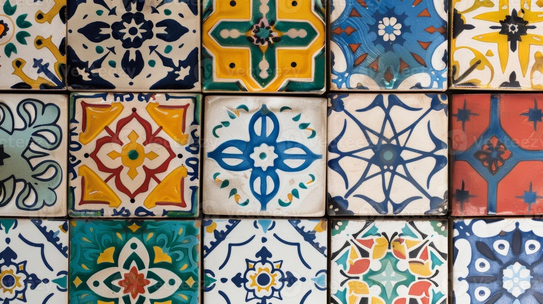un conjunto de cerámico pared losas con un intrincado de inspiración marroquí modelo pintado a mano en un variedad de negrita vibrante colores. foto