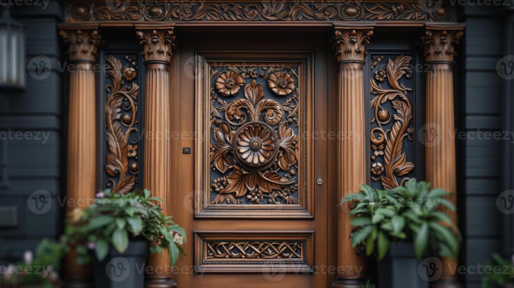 The wooden frame of the door features intricate carving and a rich dark stain giving it a timeless and clic look photo