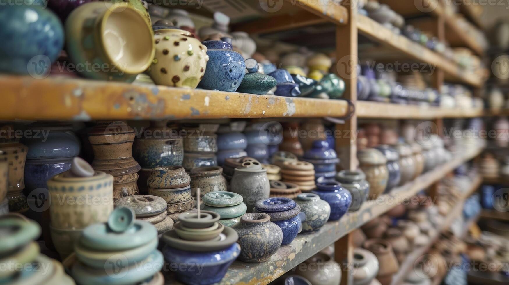 A pottery studio with shelves upon shelves of custommade ceramic buttons and s on display. photo