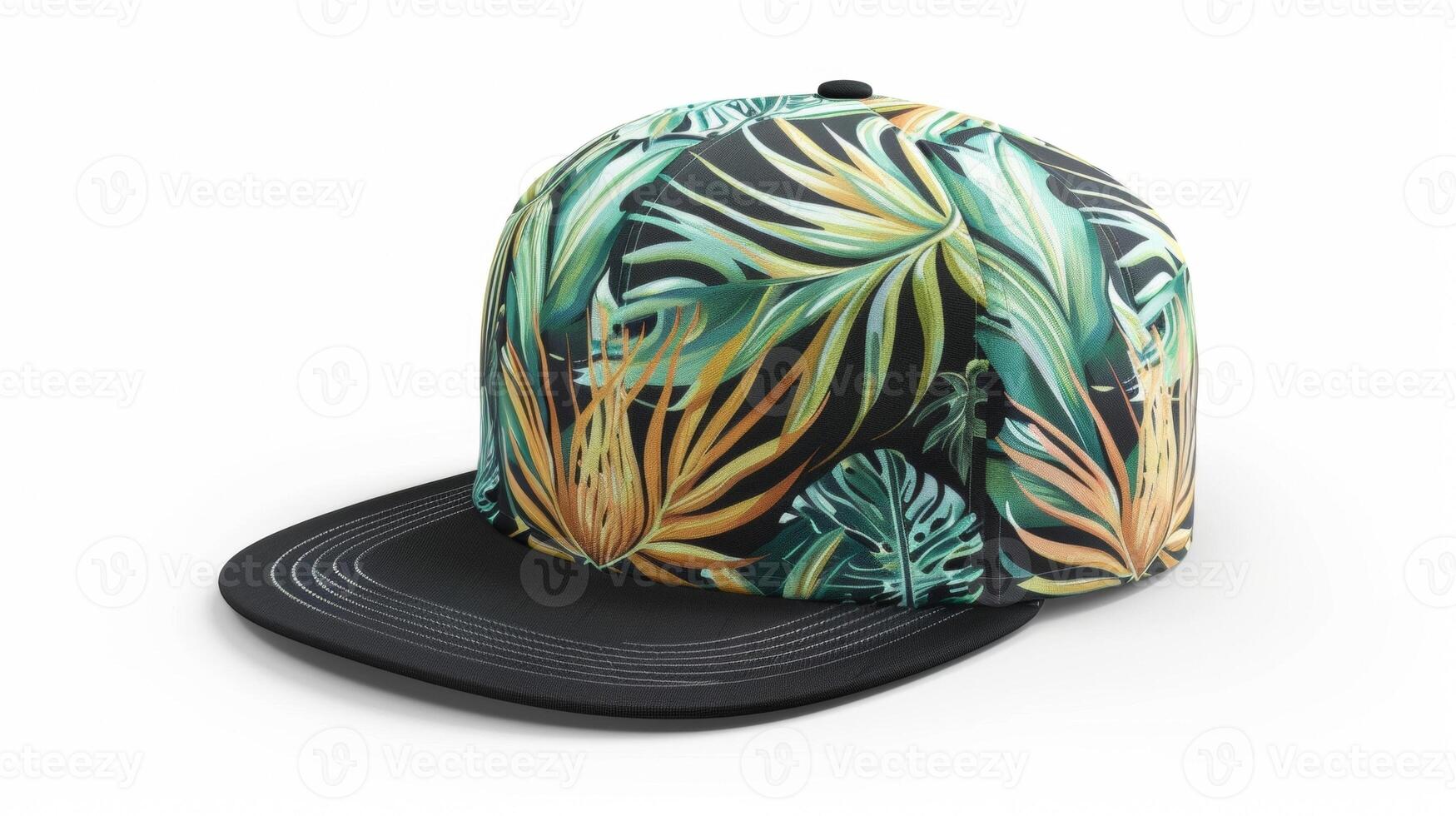 Blank mockup of a tropical print baseball cap with a flat brim and adjustable snapback. photo