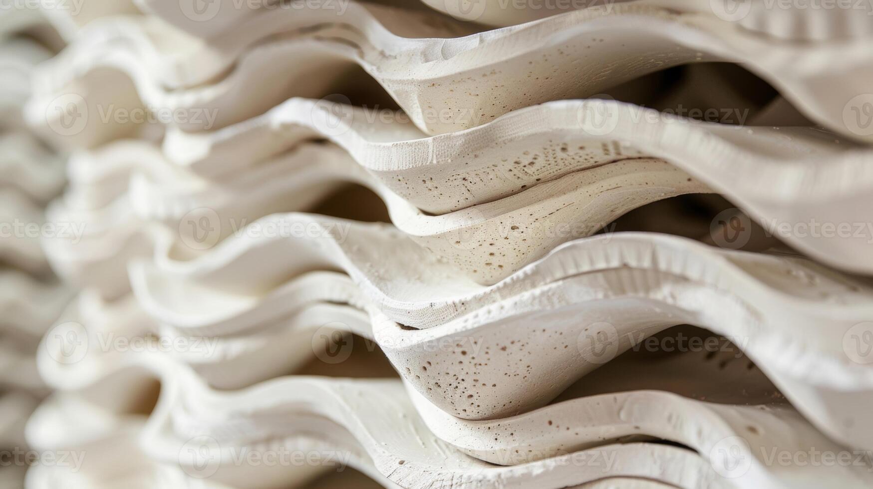 A stack of freshly molded unglazed ceramic lamp bases waiting to be fired in a kiln to achieve their sy finished form. photo