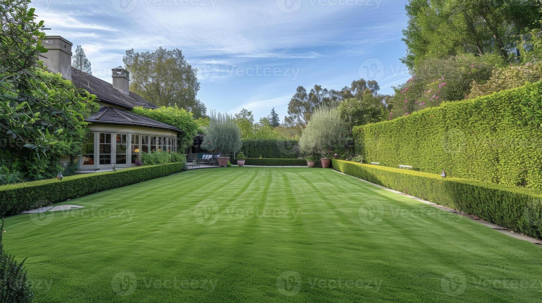 A sprawling lawn with manicured hedges and a charming picket fence creating a pictureperfect backdrop for family gatherings and outdoor activities photo