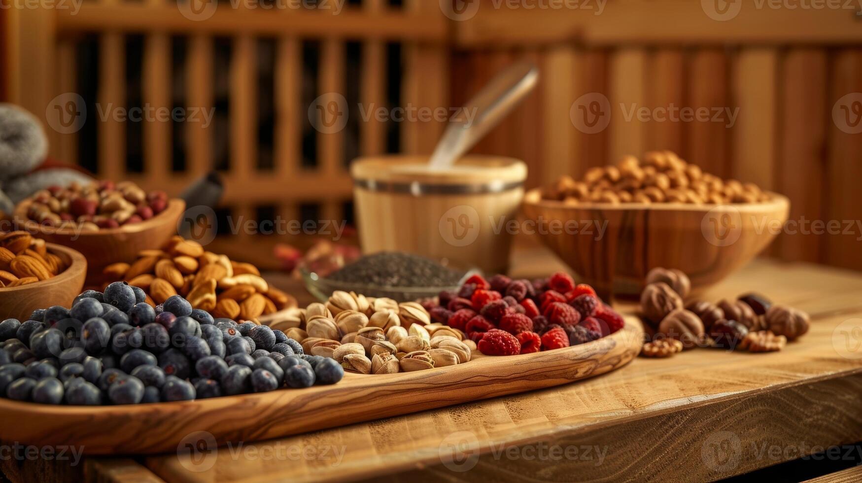A selection of superfoods and nuts arranged on a wooden board with a sauna in the background indicating the many options available for nutrientdense snacks before or after a sauna session photo