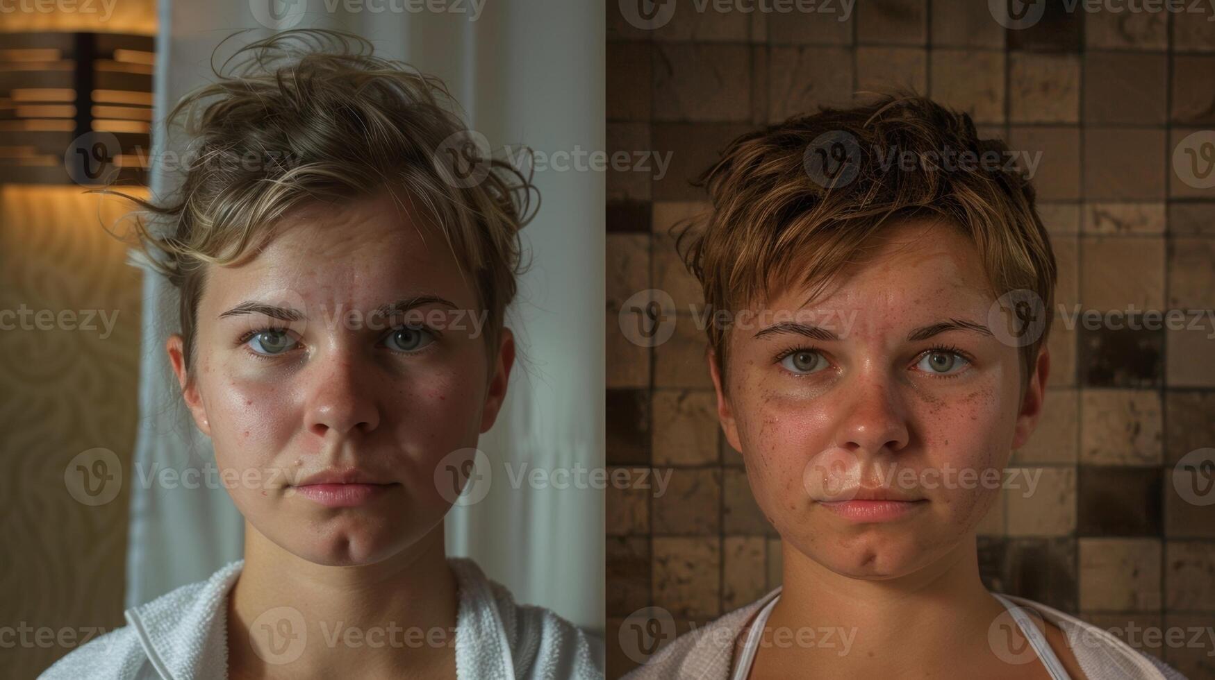 un antes y después de foto de un persona con un perceptible cambio en su apariencia y comportamiento después regularmente utilizando un sauna a ayuda con su triste síntomas.