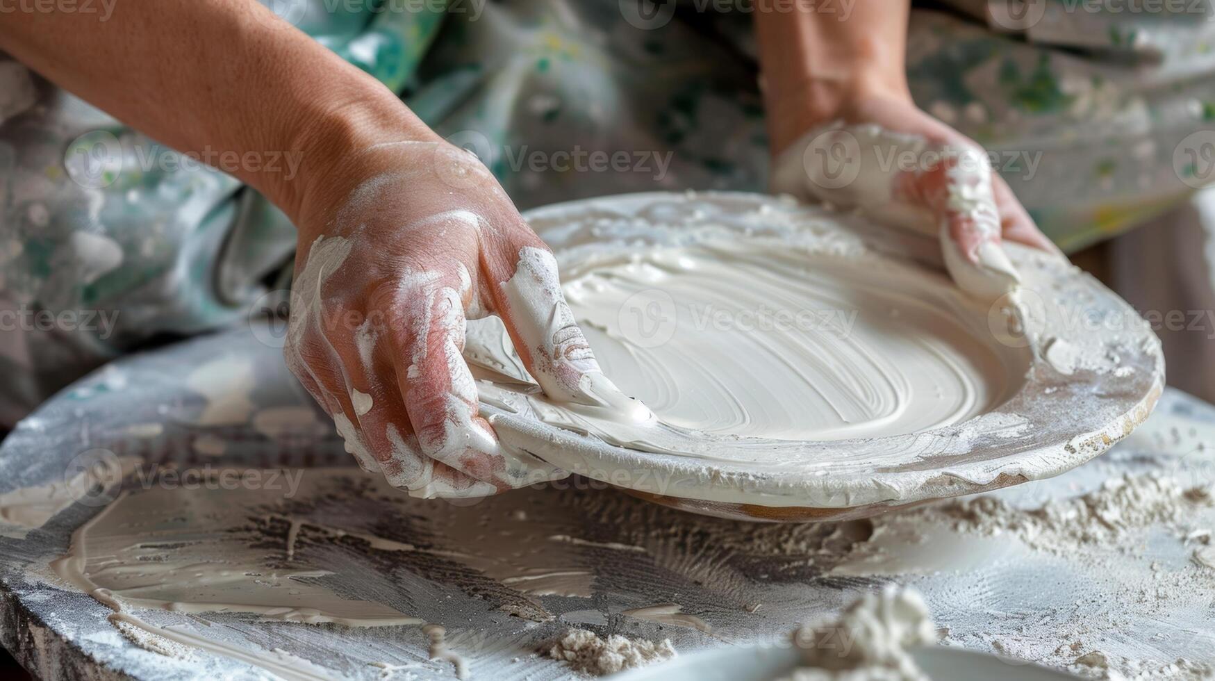 A potter carefully pressing and smoothing out the edges of a porcelain veneer onto a pottery piece to ensure a seamless blend. photo