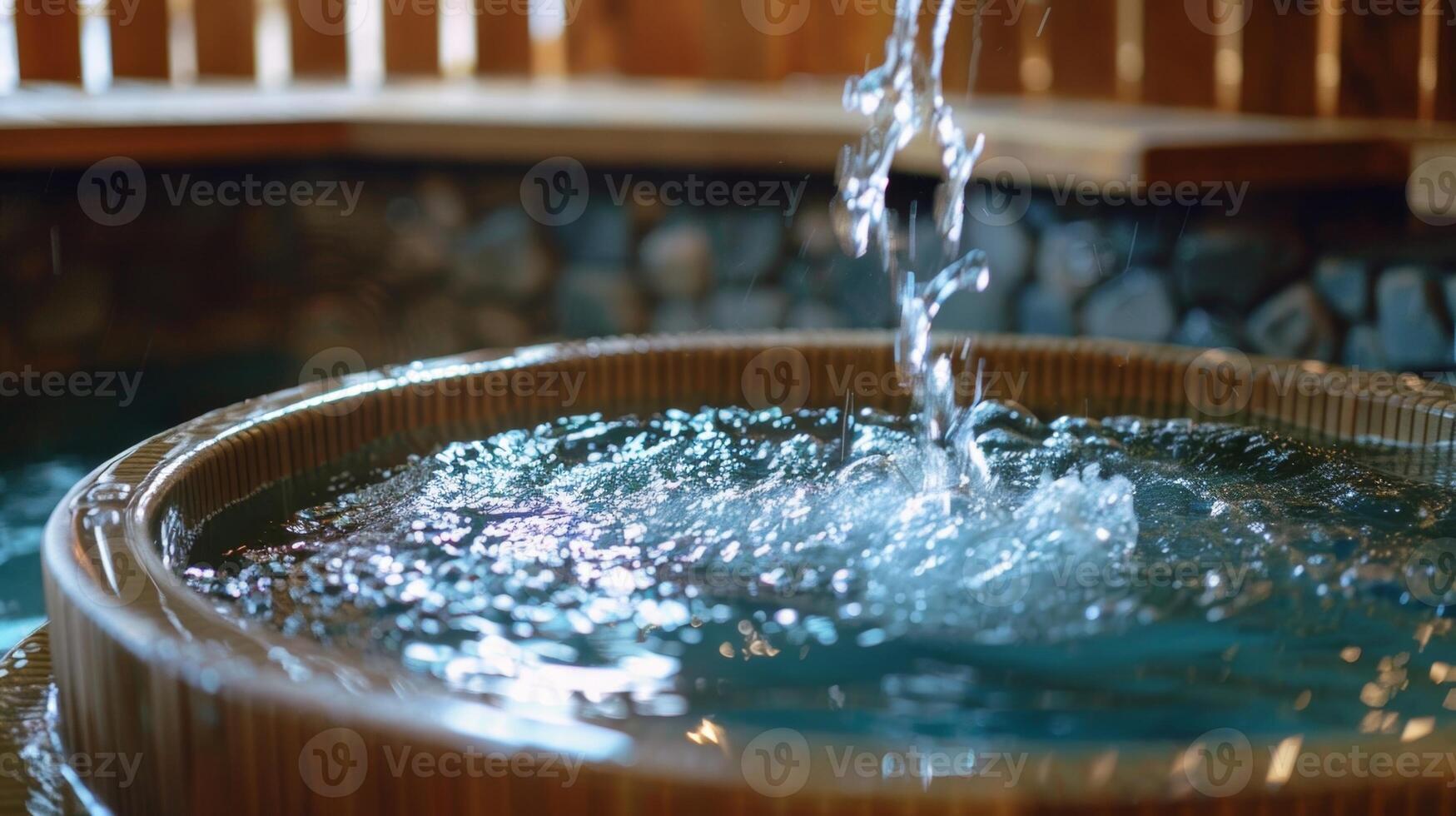 The interior of a sauna featuring a fountain or pool of cool water for users to periodically splash on their face and chest for added respiratory relief. photo