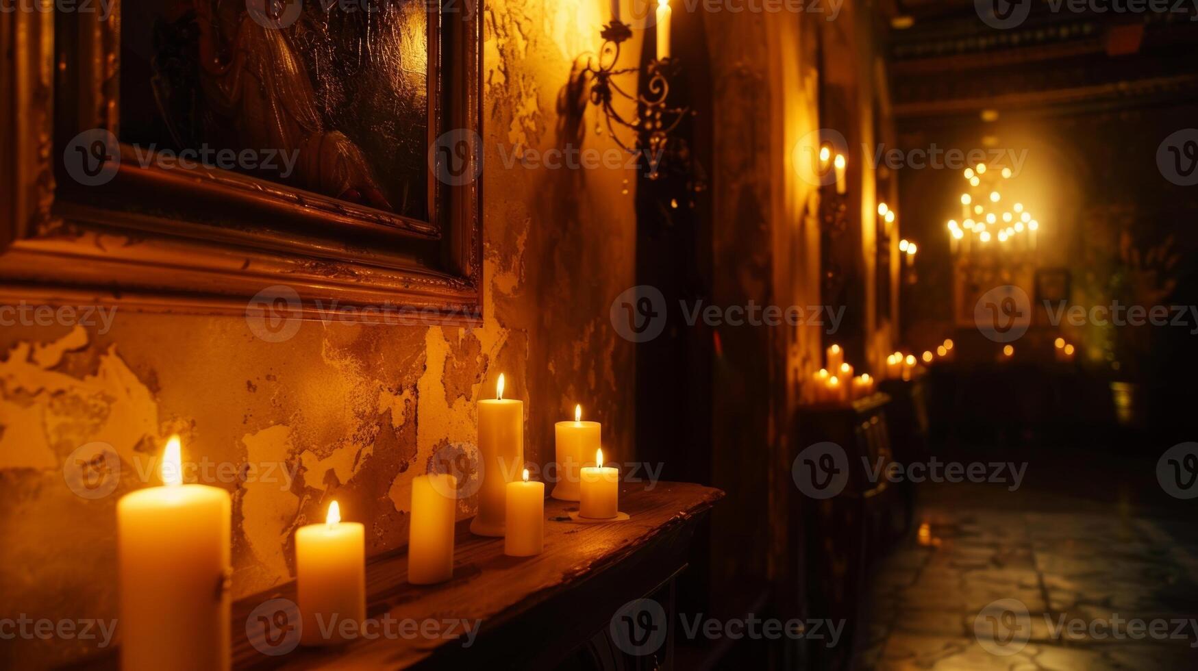 The flicker of candles illuminating the artwork hanging on the walls creating a moody romantic atmosphere. 2d flat cartoon photo