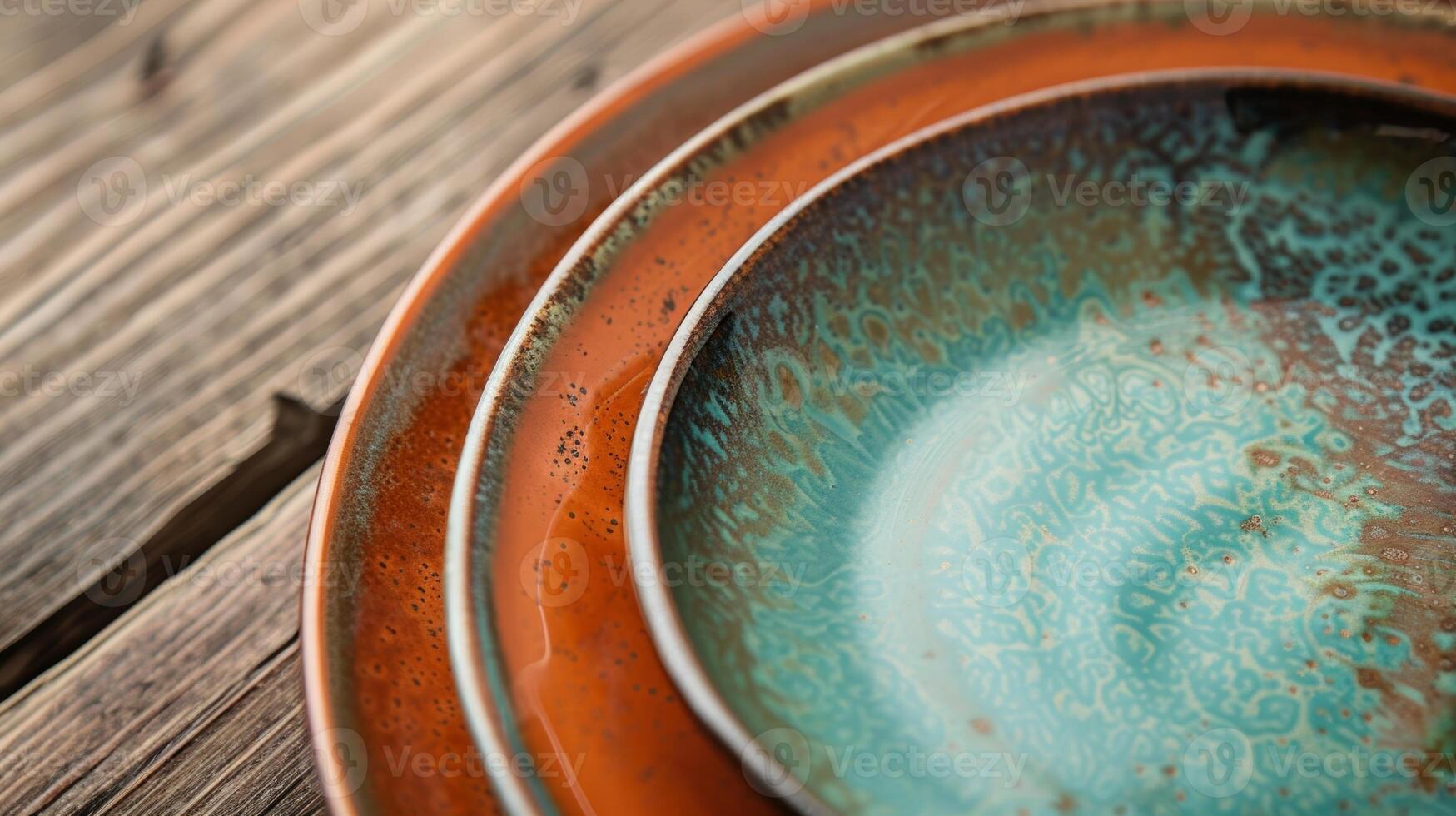 A set of handpainted plates with an ombrelike rim showcasing the skillful blending and fading of colors using underglazes to create a gradient effect. photo