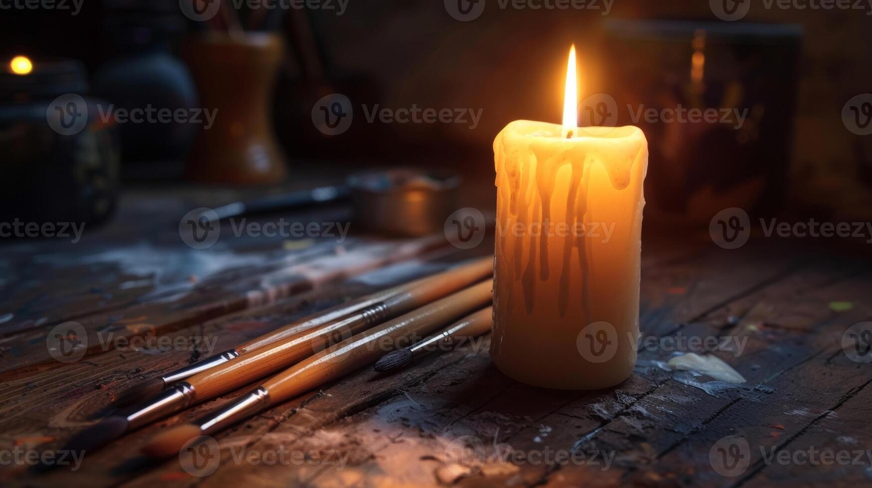 The flickering candlelight reflects off the gleaming paintbrushes and tools neatly lying on the rustic wooden table. 2d flat cartoon photo