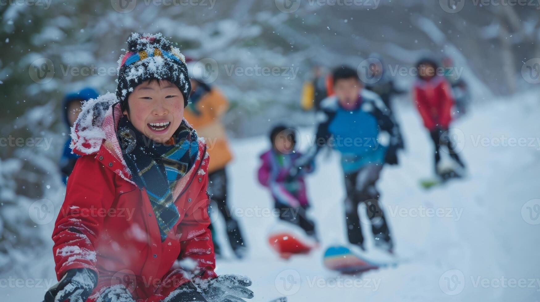 The joy and excitement on the faces of participants as they take part in this unique winter activity. 2d flat cartoon photo
