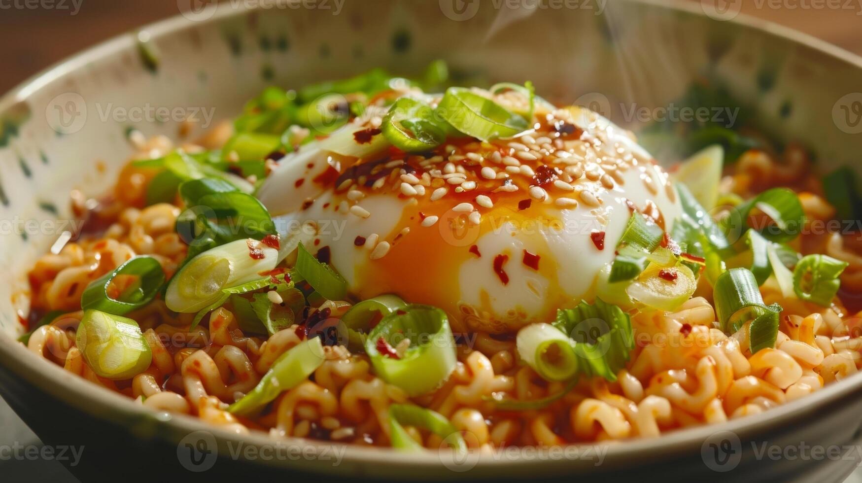 A bowl of steaming ramen topped with a poached egg scallions and a generous drizzle of y miso chili oil for an elevated Asianinspired meal photo