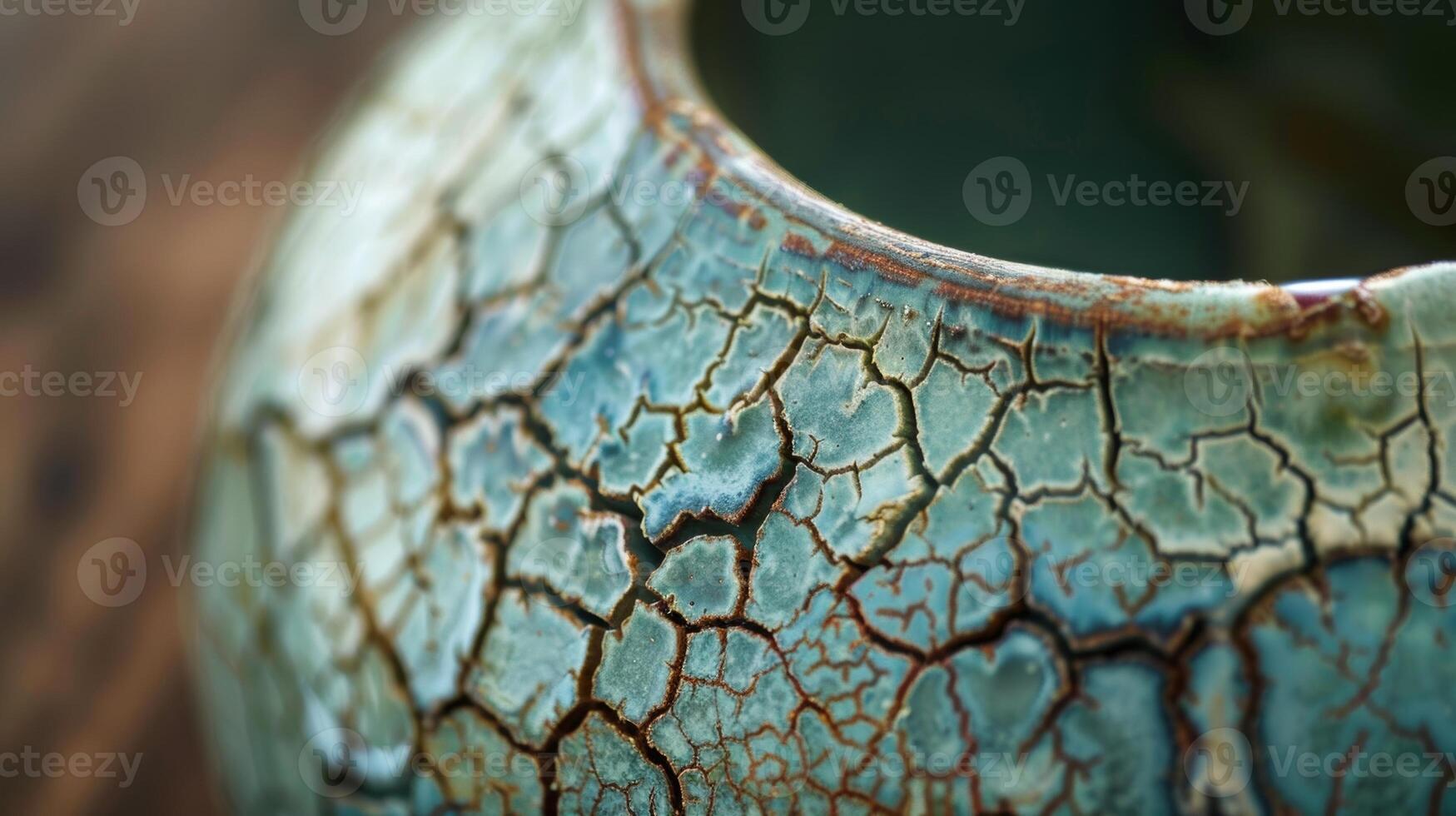 A closeup of a pottery piece with a striking crackle glaze creating a beautiful and unique cracked pattern. photo