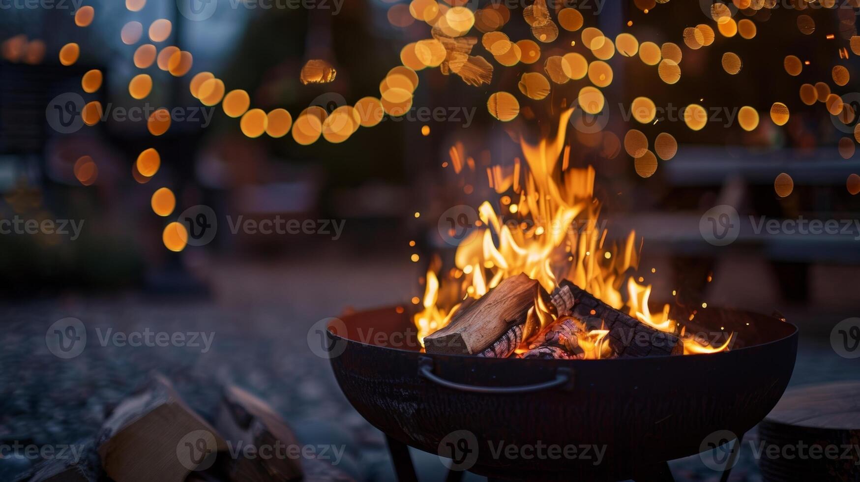As the night grows colder the fire pit provides a comforting warmth for all those gathered while the acoustic music sets the perfect tone. 2d flat cartoon photo