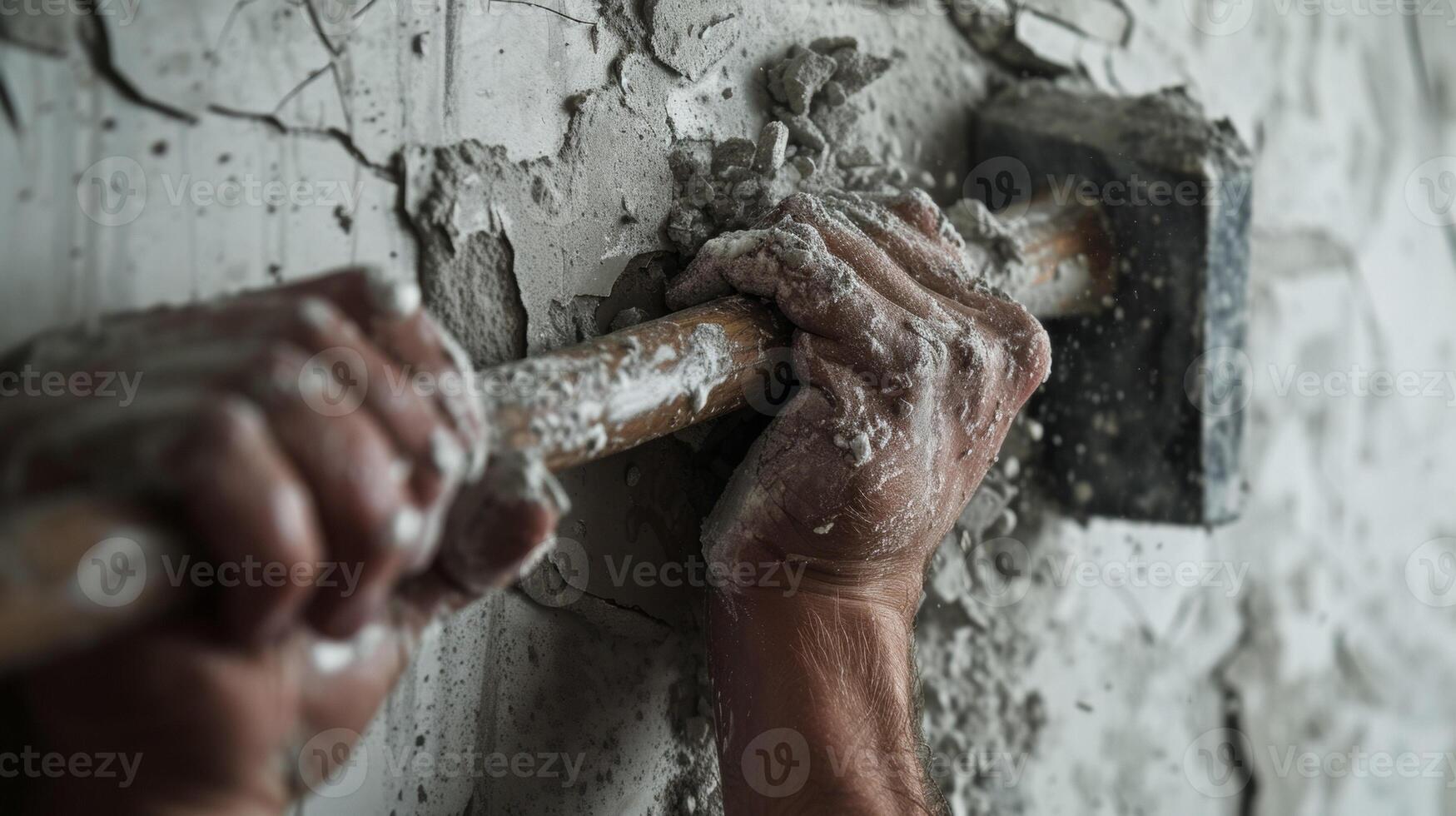 A person wiping sweat from their face and holding a sledgehammer after a long day of breaking down walls photo