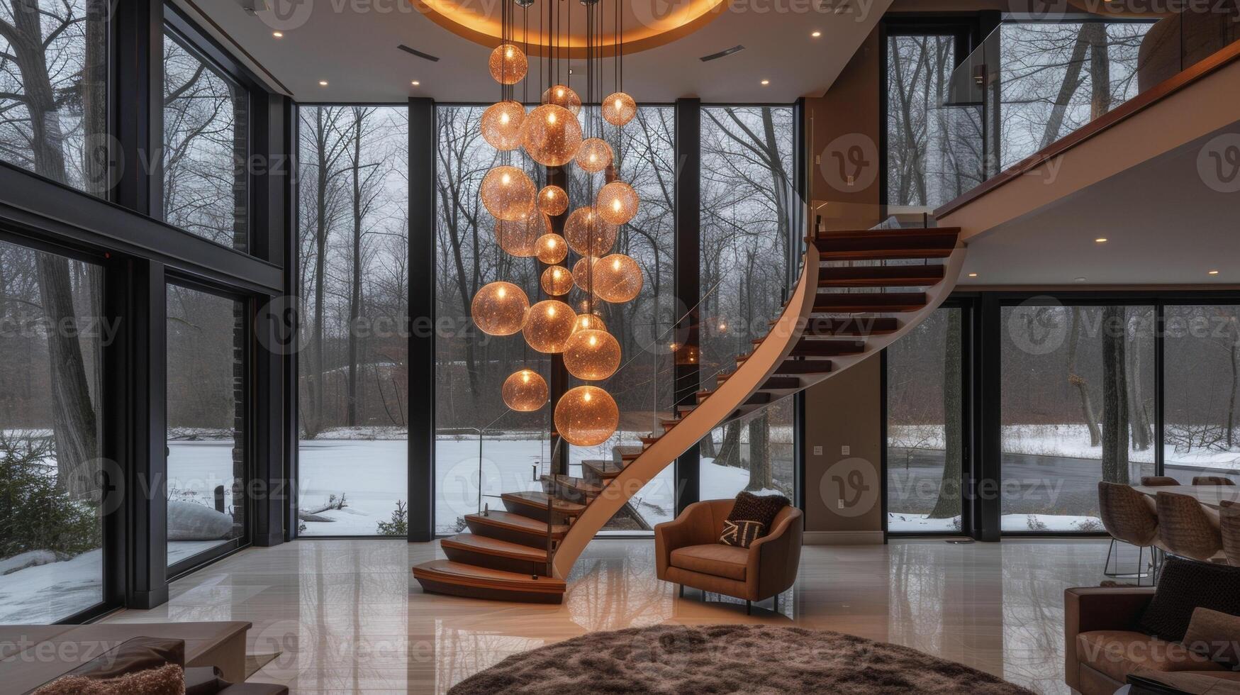 A dramatic staircase is illuminated by a stunning chandelier made of cascading strings of glowing orb lights creating a showstopping entryway that leaves a lasting impression photo