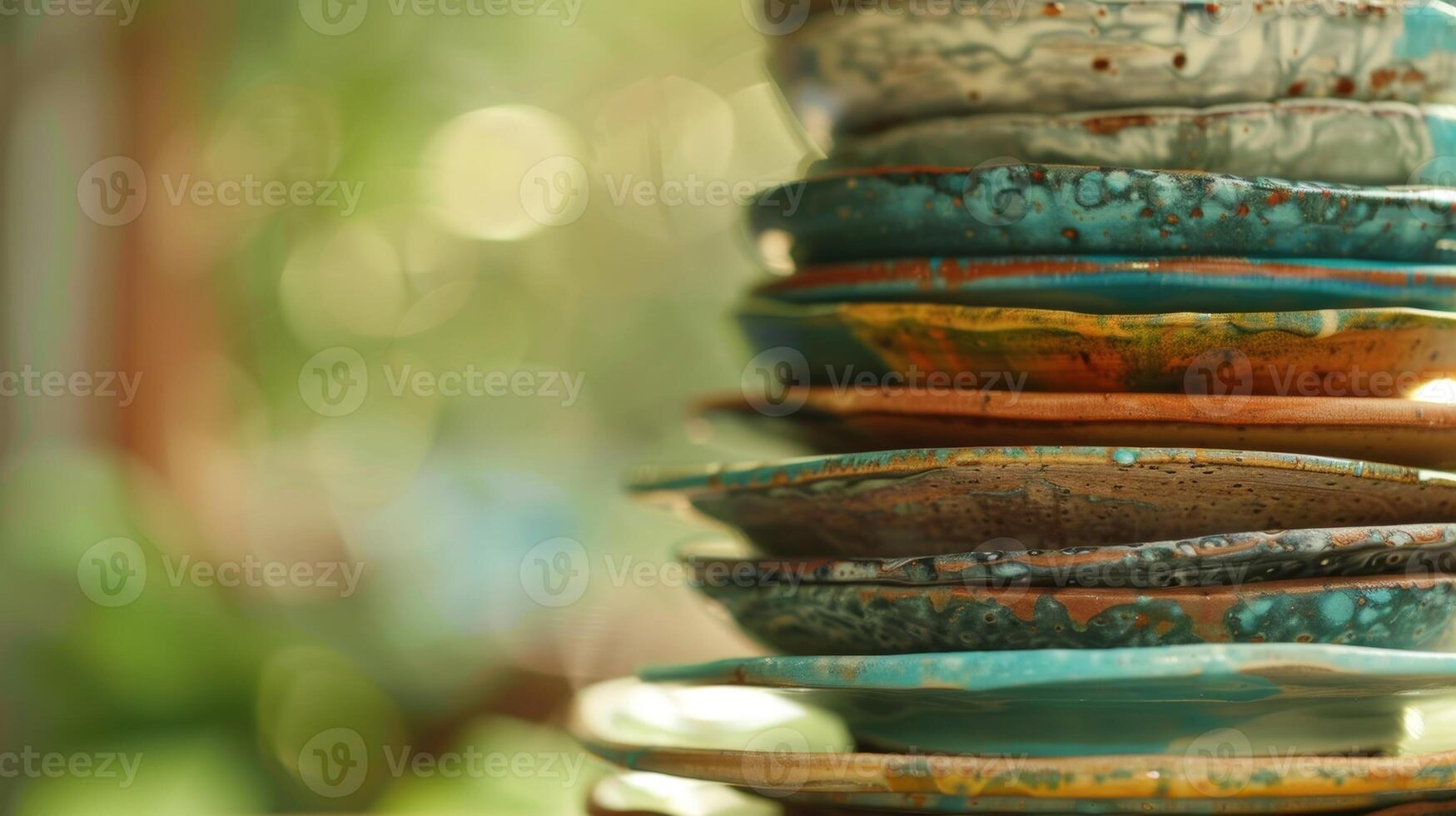 A stack of irregularly shaped ceramic plates each one handpainted with a different natureinspired design. photo