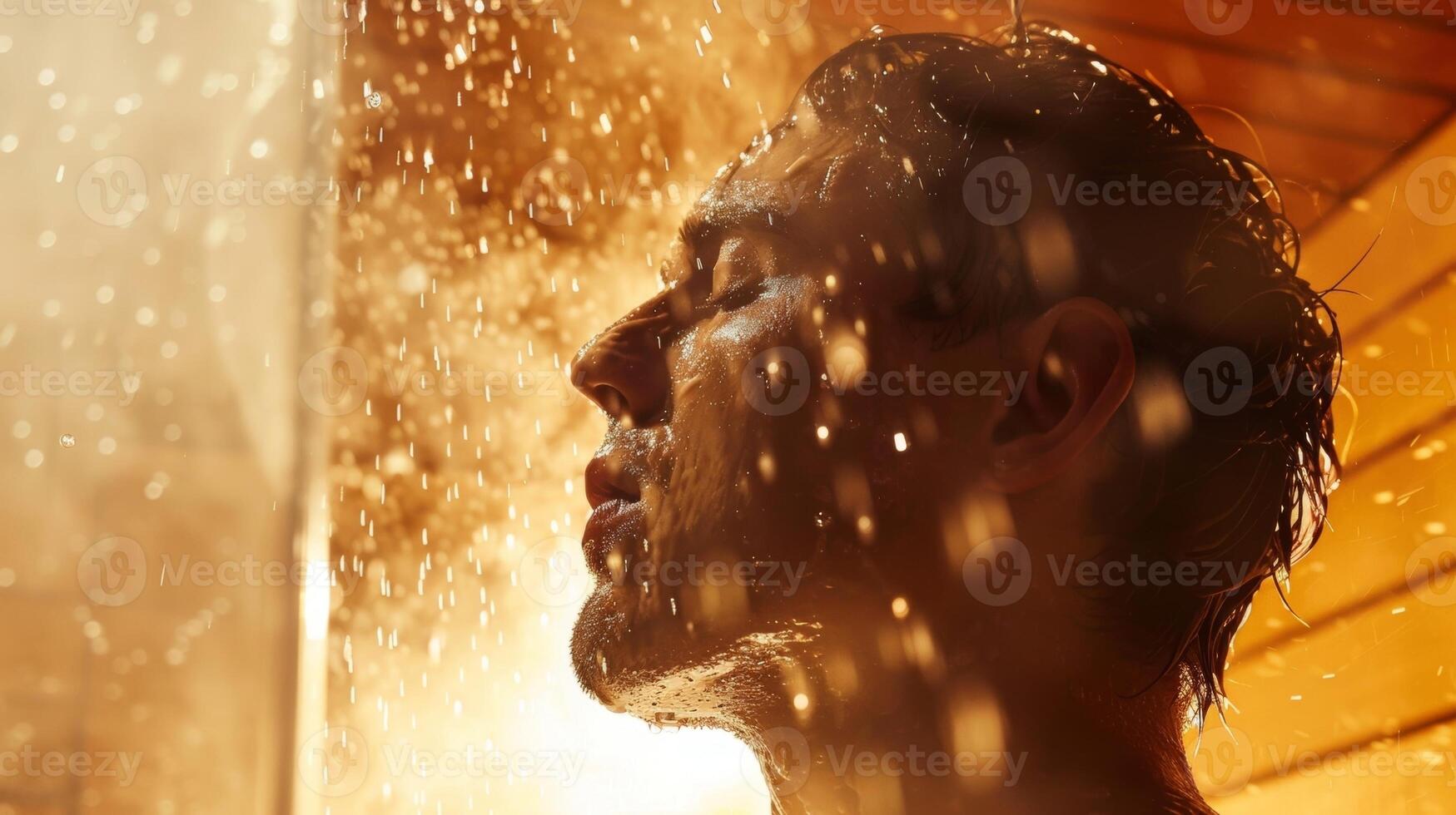 A person stepping out of the sauna their face glistening with sweat as they take a deep breath and feel rejuvenated. photo