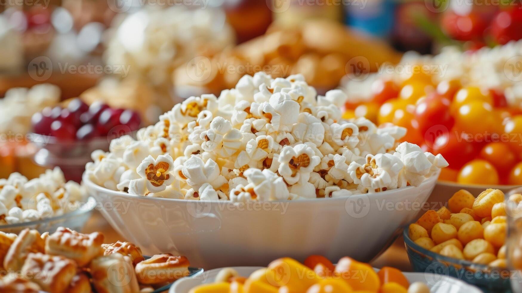 The table is adorned with a variety of small snacks and a large bowl of popcorn setting the scene for the upcoming movie night photo