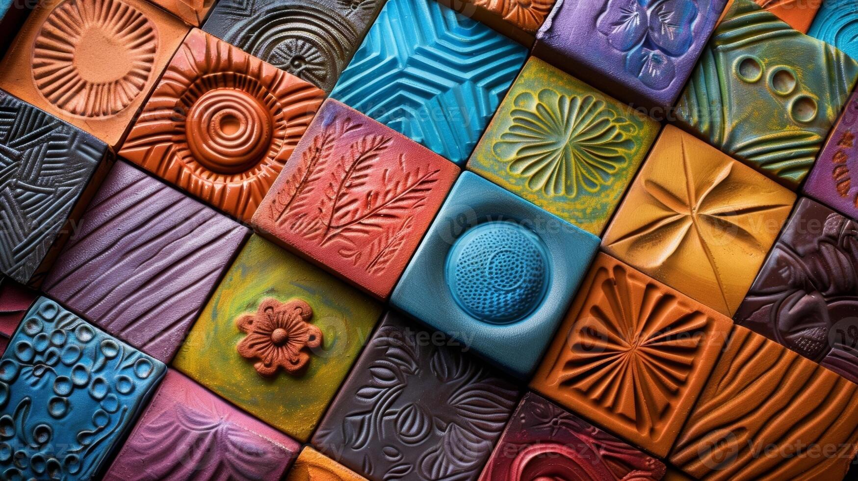 An image showing the use of color in embossing techniques with a brightly colored clay tile featuring a raised embossed design highlighting the element of design choice and creativity. photo