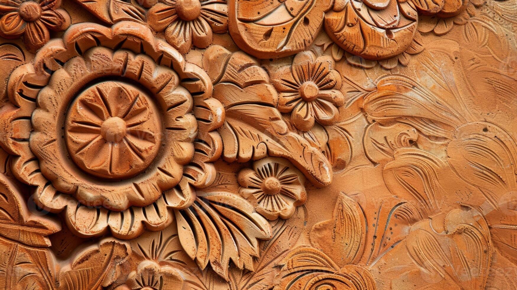 A closeup shot of a terracotta wall art piece intricate designs etched into the clay. photo