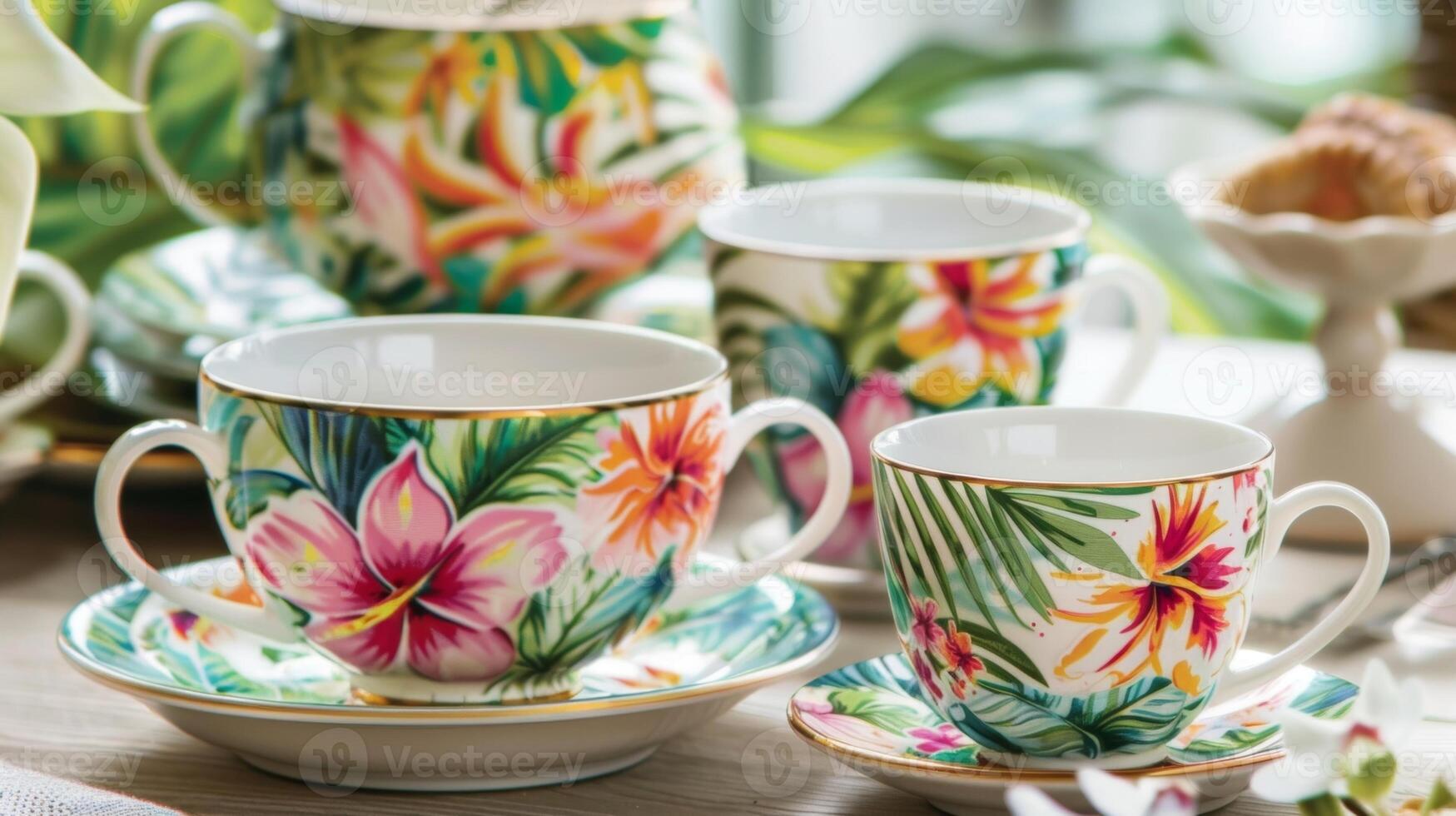 A charming setting of mismatched teacups and saucers each one featuring a tropical print adds a touch of whimsy to the tea party photo