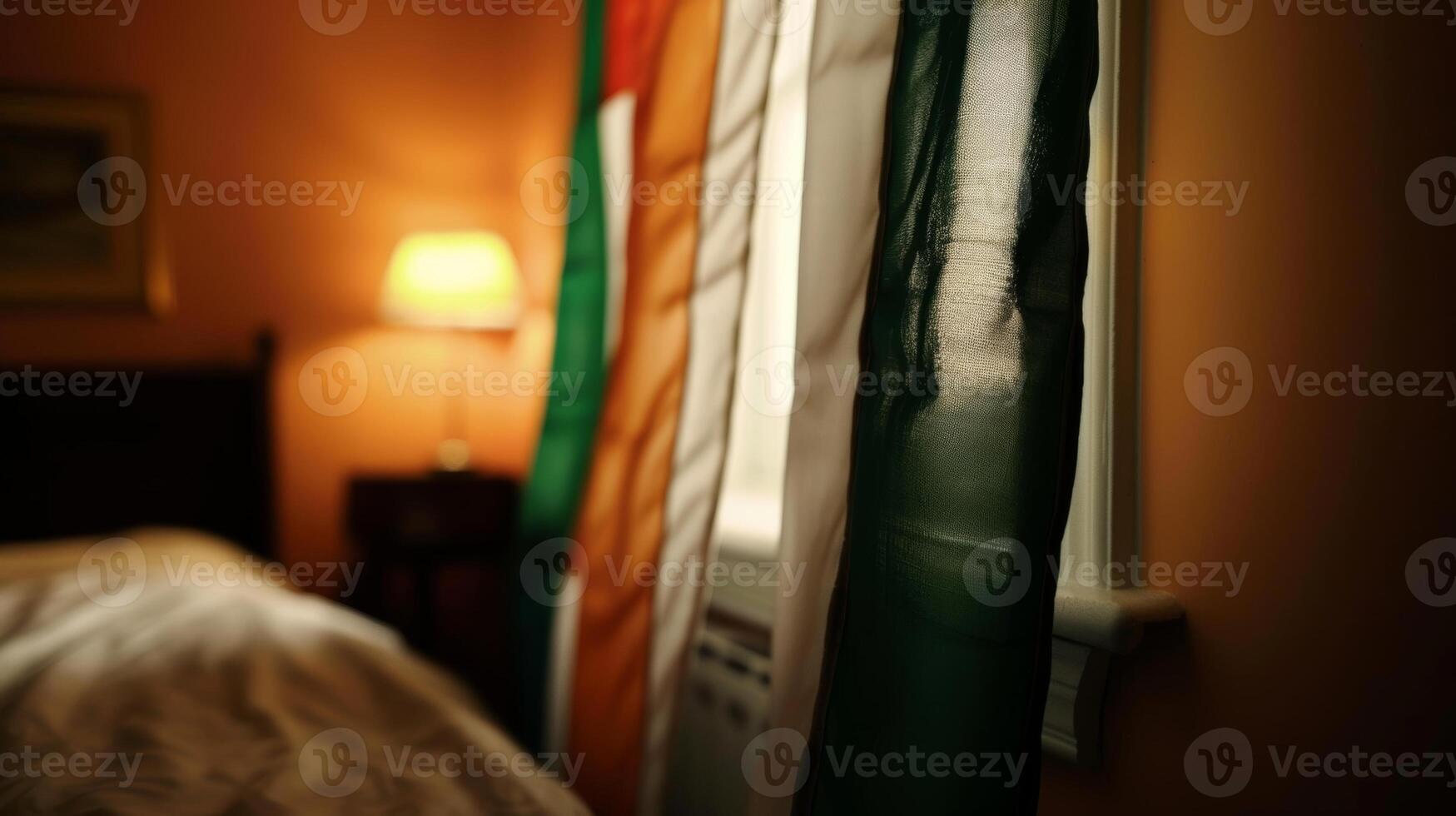 An Irish flag hanging in the corner of the room representing the pride and love for Irish culture during this sober St. Patricks Day celebration photo