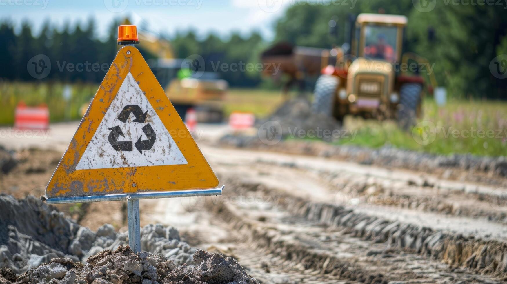 A sign at the entrance of a construction site reminding workers to dispose of waste properly to prevent harmful chemicals from seeping into the surrounding soil and affecting loca photo