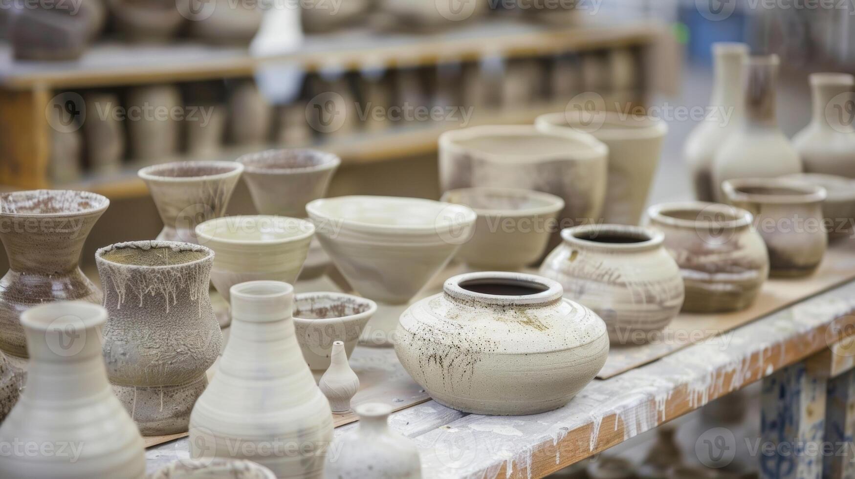 A series of finished pottery pieces displaying the progress made by students during the masterclass. photo