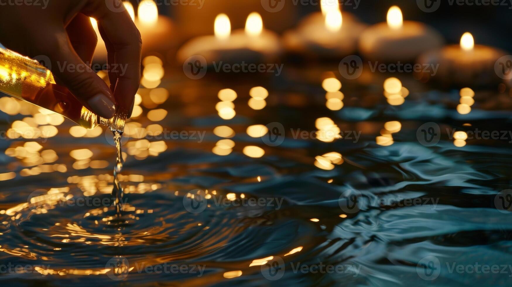 A womans hand pouring a few drops of jasminescented oil into a running bath with a background of dimly lit candles photo