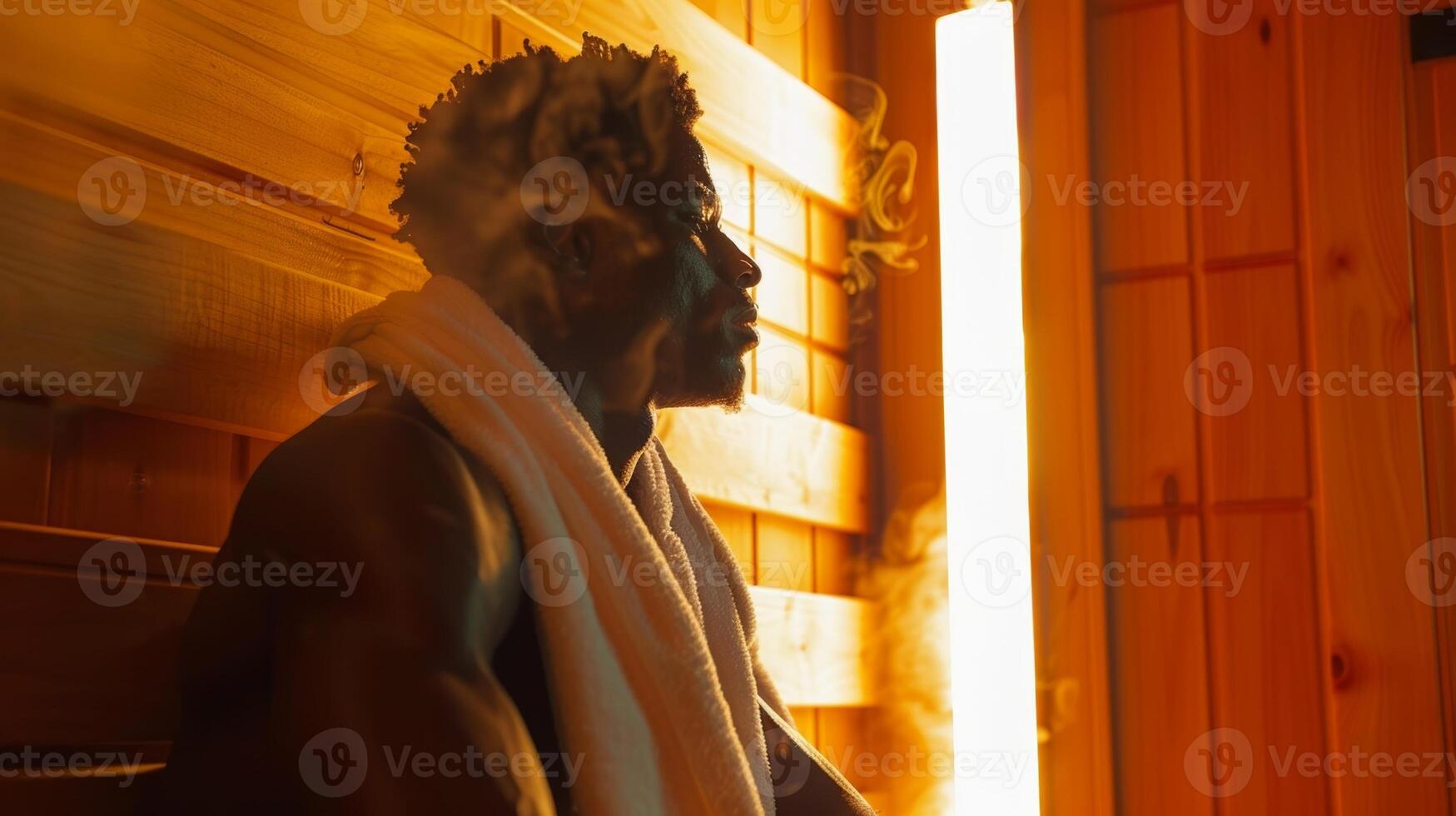 A professional football player is shown sitting in a sauna his face covered in a towel as he takes in the full benefits of the infrared heat. photo