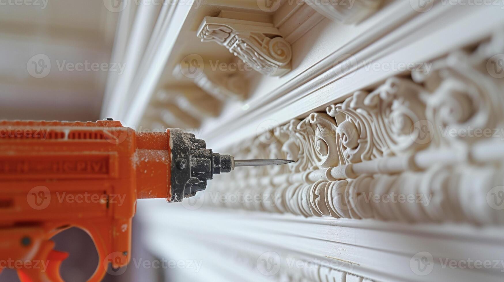 A slowmotion of a nail gun puncturing through the crown molding and securing it to the ceiling demonstrating the precision and skill required for a flawless installation photo