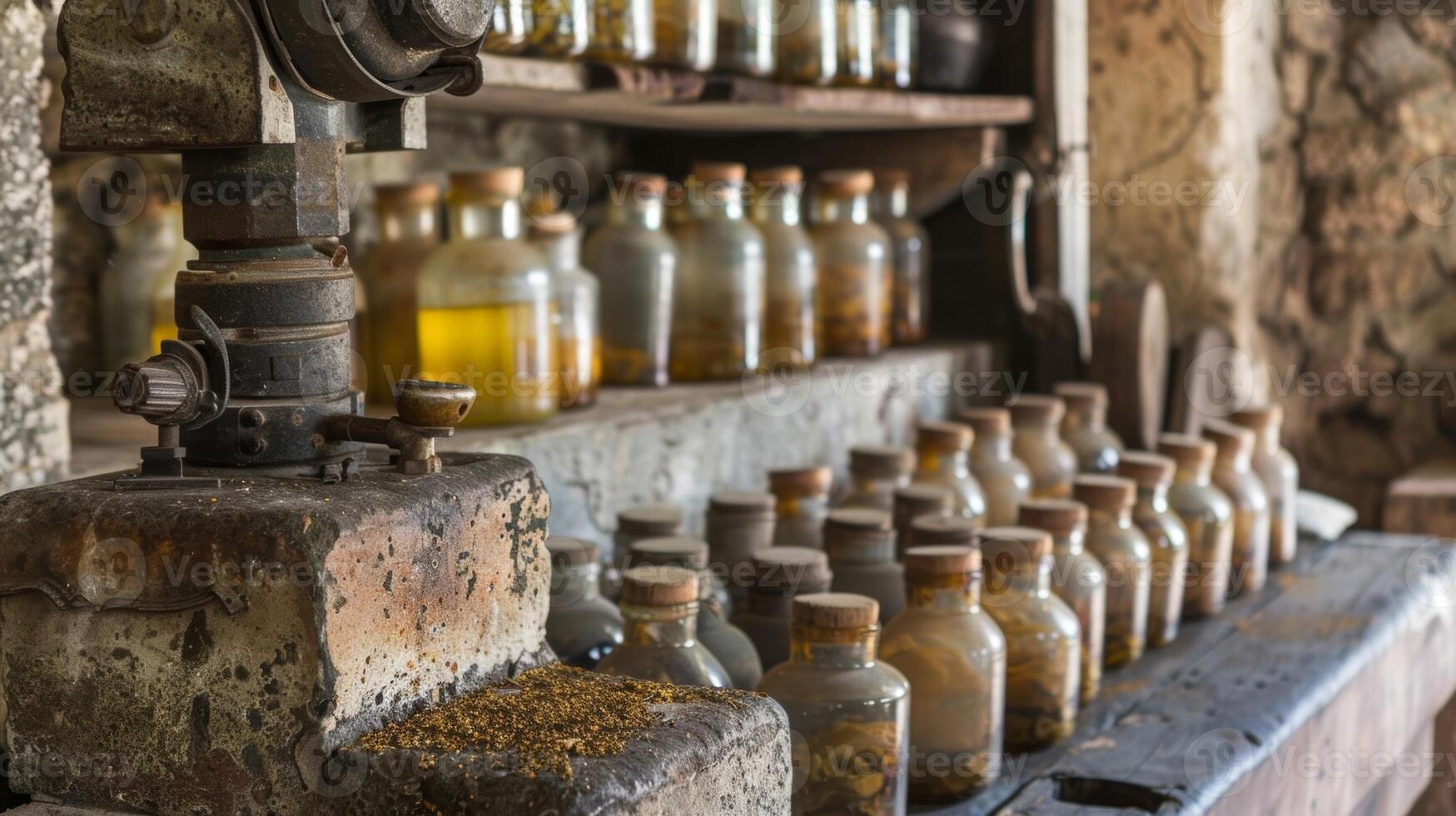 un tradicional Roca molino usado para prensado aceitunas a extraer su petróleo rodeado por frascos de el terminado producto foto