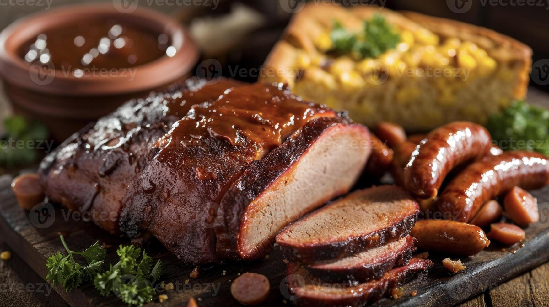 With a fiery background juicy slices of smoked sausage and brisket make their journey to the plate accompanied by traditional side dishes like cornbread and baked beans. Th photo