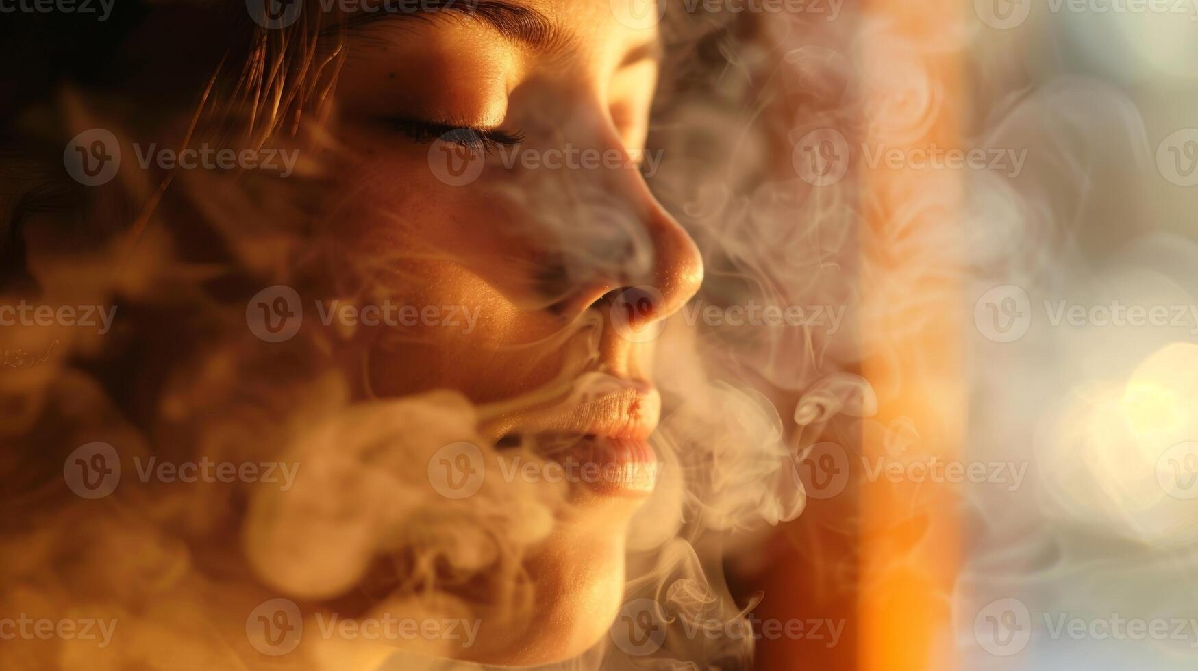 The steamy reflection of a persons face in the sauna door their eyes closed as they meditate and let go of any negative thoughts. photo