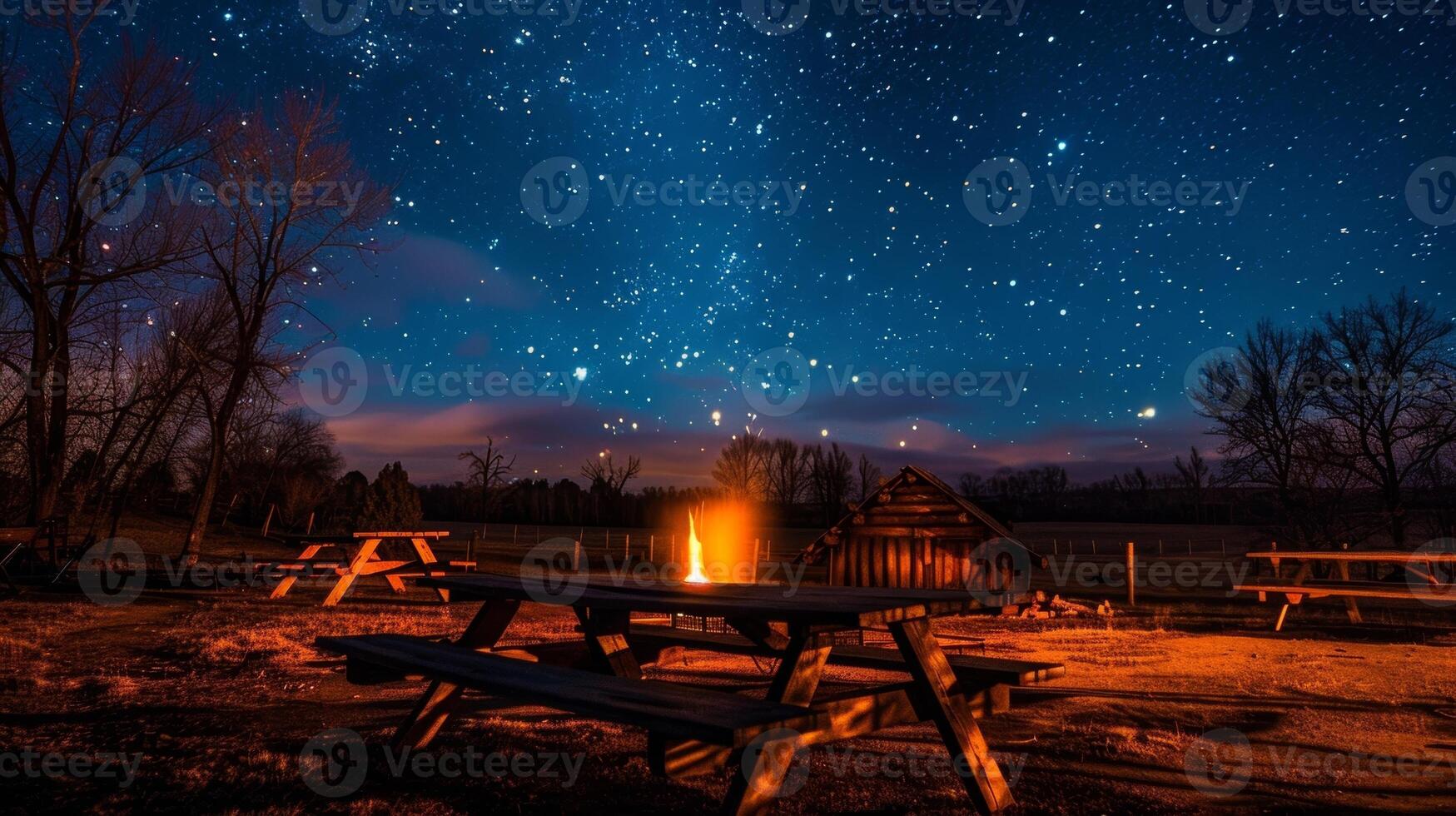 The stars above le in the night sky as the flames of the fire dance and reflect off the wooden workbenches. 2d flat cartoon photo