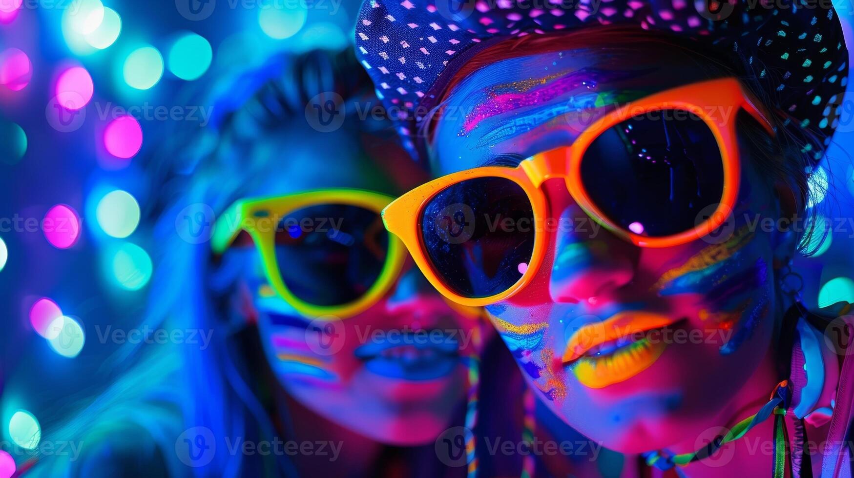 A photo booth with a blacklight backdrop perfect for capturing the glowing party outfits