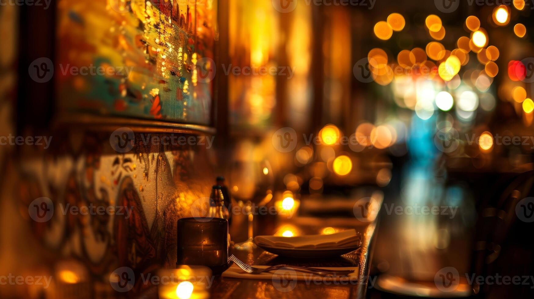 The vibrant paintings on the walls seem to come to life under the soft warm light of the glowing candles creating a cozy and welcoming ambience. 2d flat cartoon photo