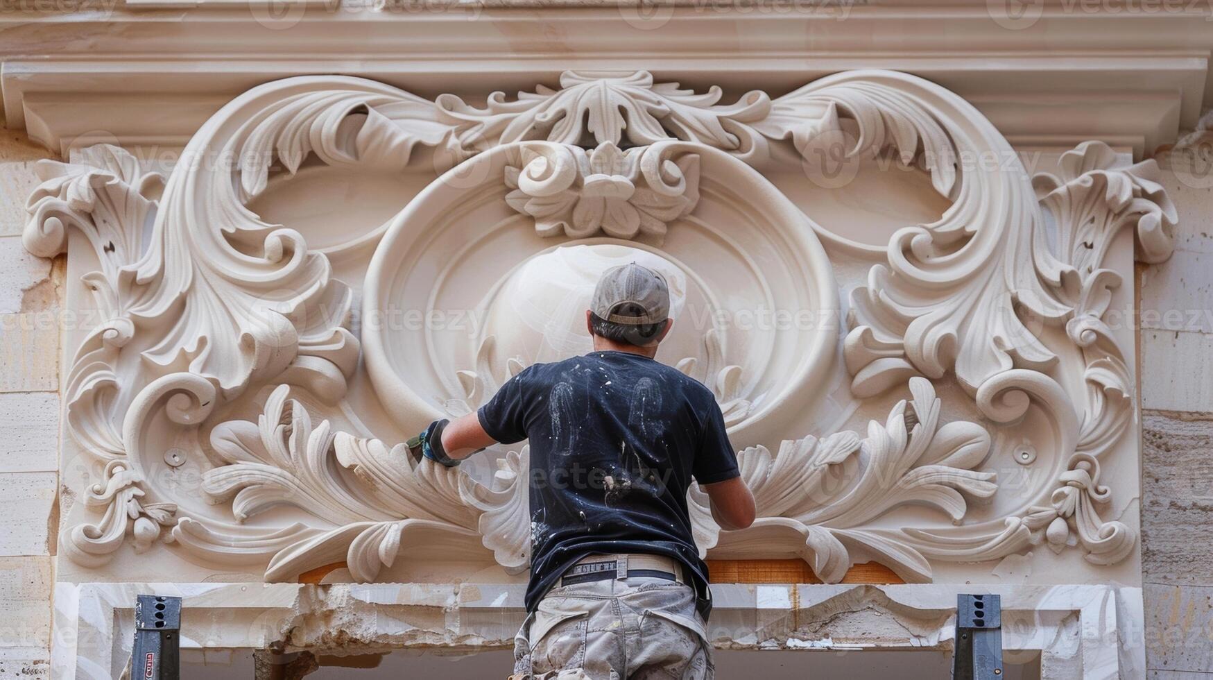 With extreme attention to detail craftsmen are carefully repairing and repainting the fragile rosettes and decorative motifs of a historic facade photo