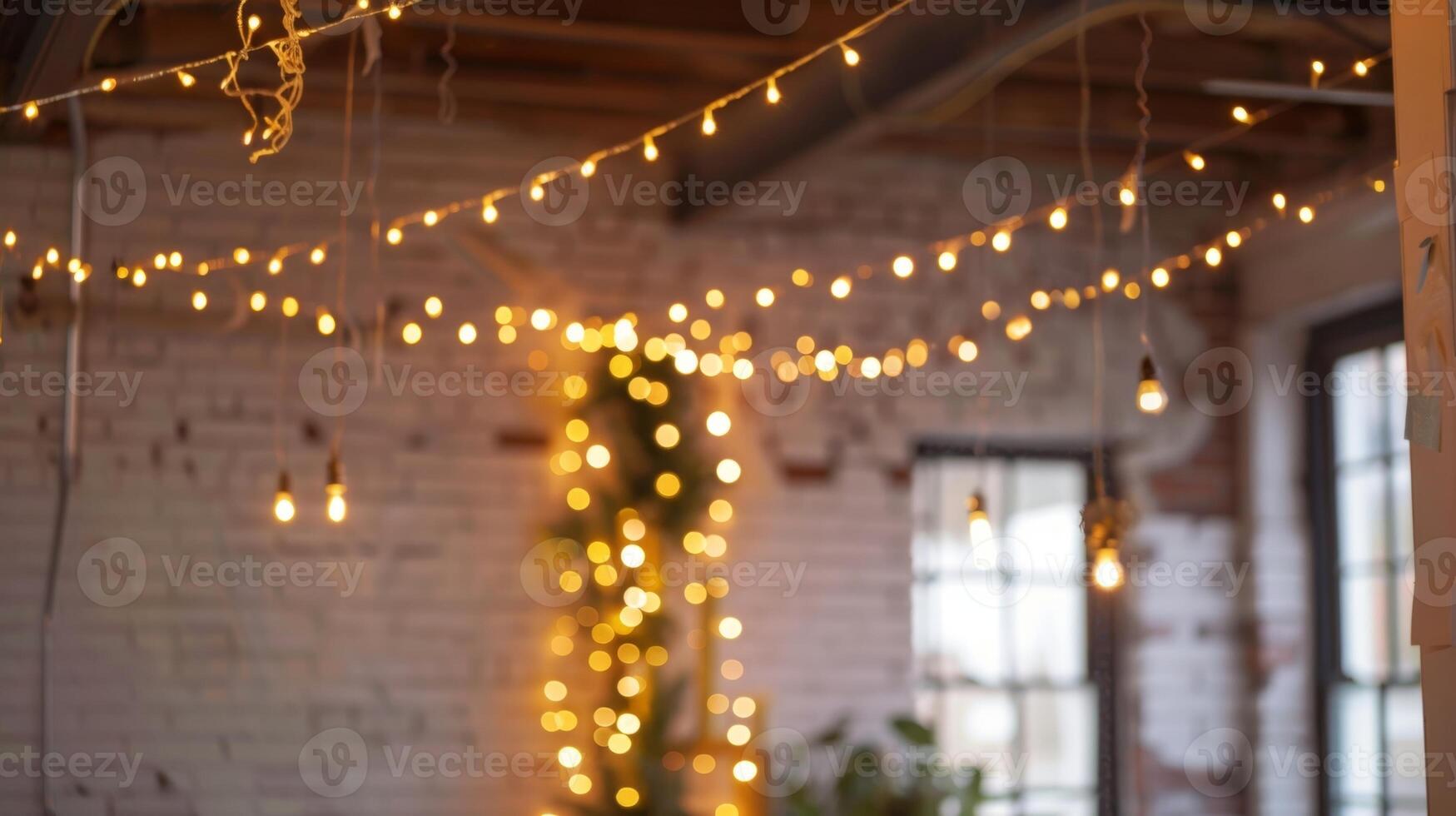 A string of ling fairy lights hangs from the ceiling adding a touch of whimsy and magic to the candlelit studio. 2d flat cartoon photo